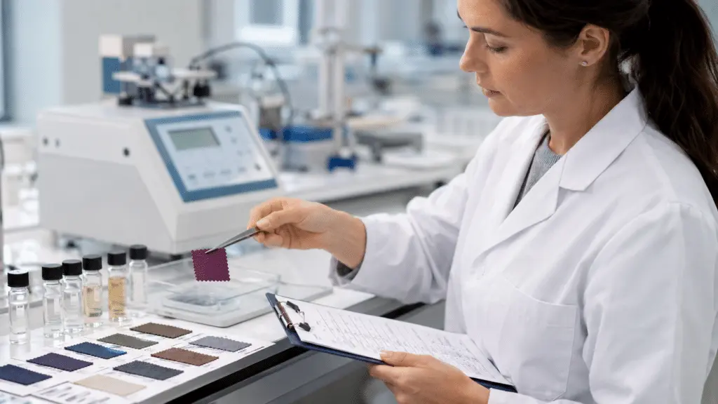 Textile compliance lab technician testing a fabric swatch against a restricted substances list