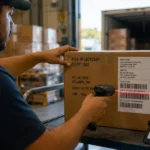 Warehouse worker scanning shipping box