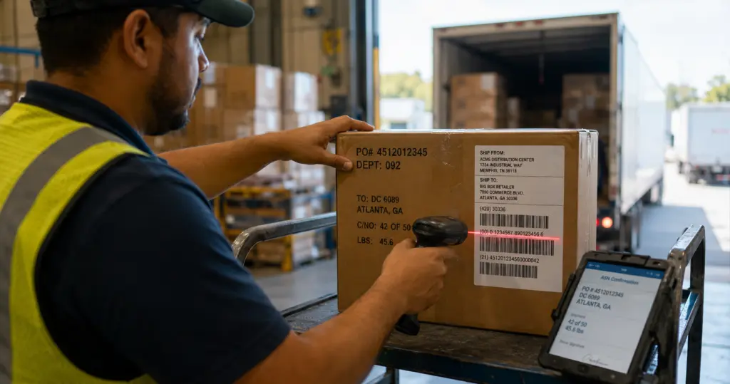Warehouse worker scanning shipping box