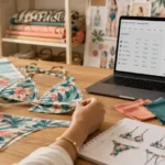 Designer matching a swimwear print across cut pieces beside a swimwear PLM tech pack screen