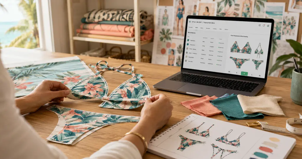 Designer matching a swimwear print across cut pieces beside a swimwear PLM tech pack screen