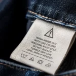 California Prop 65 clothing warning: a woven garment care label stitched into a jacket collar, macro product shot with a small warning triangle icon printed on the label