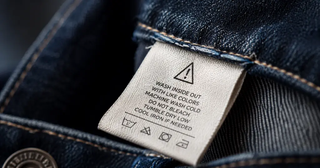 California Prop 65 clothing warning: a woven garment care label stitched into a jacket collar, macro product shot with a small warning triangle icon printed on the label