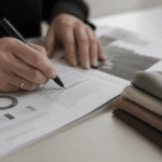 Corporate Sustainability Reporting Directive compliance: a folded stack of dyed cotton fabric swatches beside a printed emissions data sheet on a design studio table