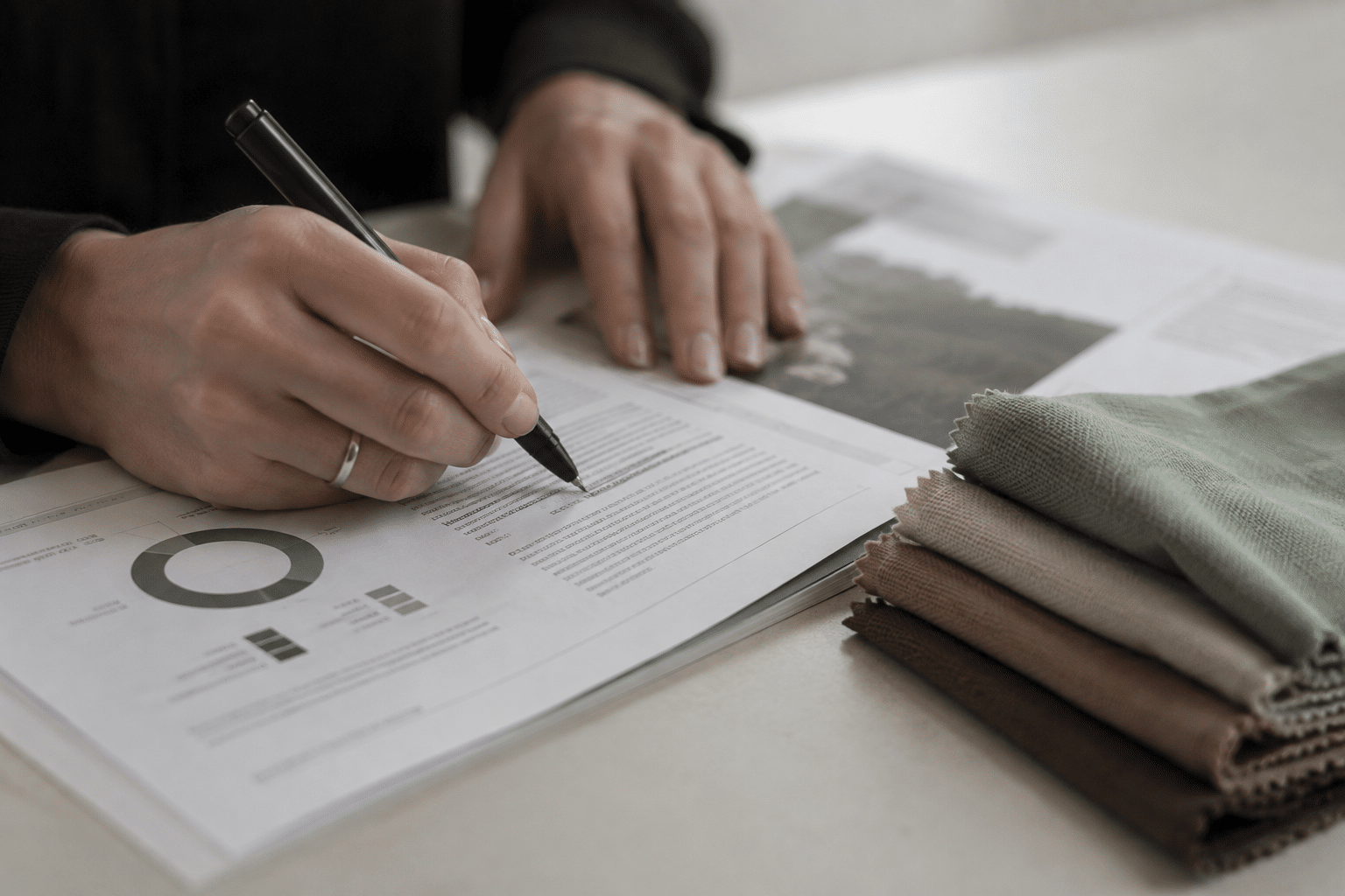 Corporate Sustainability Reporting Directive compliance: a folded stack of dyed cotton fabric swatches beside a printed emissions data sheet on a design studio table