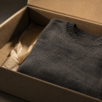 EU packaging and packaging waste regulation compliance: a folded knit sweater packed into a partly empty cardboard shipping box lined with recycled tissue paper