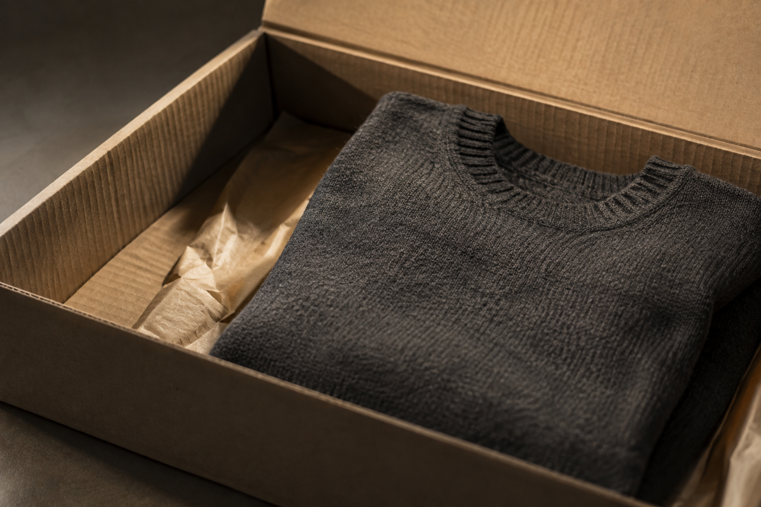EU packaging and packaging waste regulation compliance: a folded knit sweater packed into a partly empty cardboard shipping box lined with recycled tissue paper