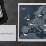 EU CSDDD compliance: supplier risk map document with tier-1 factory pins and a due diligence timeline chart on a light table