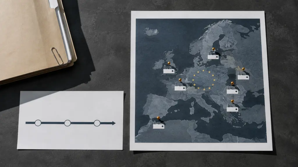 EU CSDDD compliance: supplier risk map document with tier-1 factory pins and a due diligence timeline chart on a light table