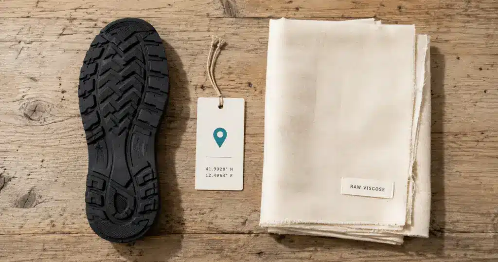 EU deforestation regulation compliance: a pair of rubber-soled boots and a roll of viscose fabric on a supplier inspection table, with a geolocation pin icon overlay