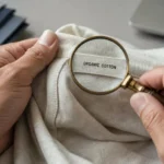 Auditor's hand holding a magnifying glass over a woven garment care label reading Organic Cotton to verify an environmental claim