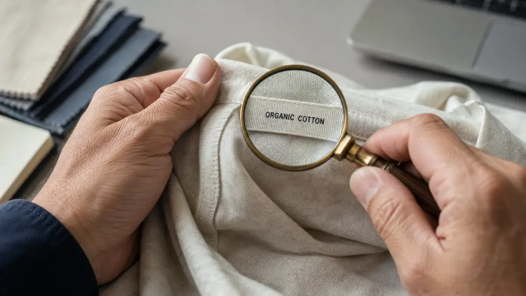Auditor's hand holding a magnifying glass over a woven garment care label reading Organic Cotton to verify an environmental claim