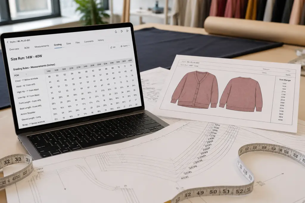 Extended size PLM software: grading rule table for a plus-size style spread across a size run from 14W to 40W on a cutting room table
