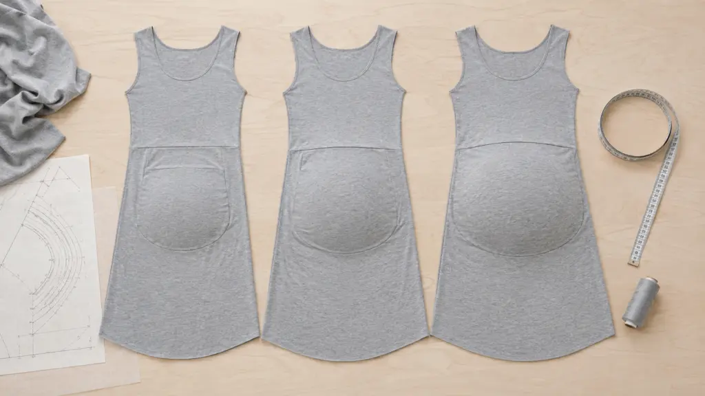 Maternity apparel PLM software: belly panel garment construction shown at three stages of a stretch grading progression on a design table