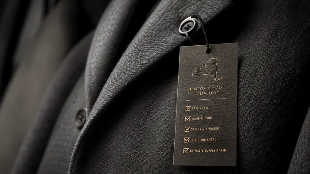 New York Fashion Act: a tailored wool coat's hangtag printed with a New York State outline and compliance checkmarks, macro product shot