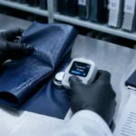 Gloved lab technician pressing a handheld fluorine analyzer against a folded technical rain jacket fabric swatch on a compliance testing bench
