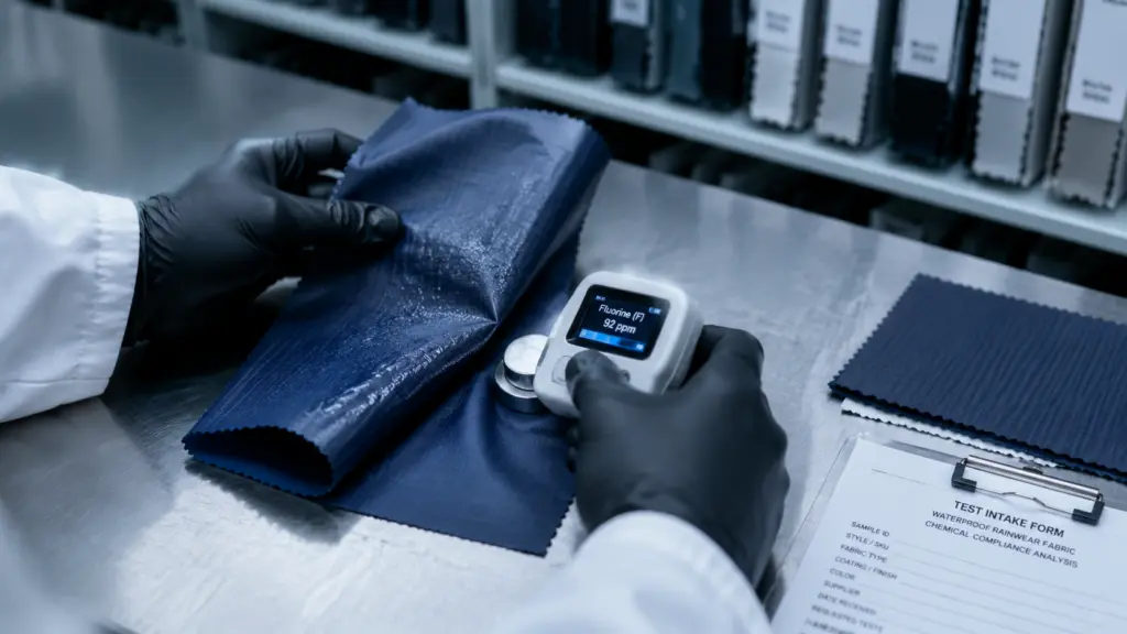 Gloved lab technician pressing a handheld fluorine analyzer against a folded technical rain jacket fabric swatch on a compliance testing bench