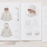 PLM for kids apparel brands: flat-lay of a toddler's hooded jacket tech pack next to fabric swatches and a size-grading chart spanning infant through kids sizes