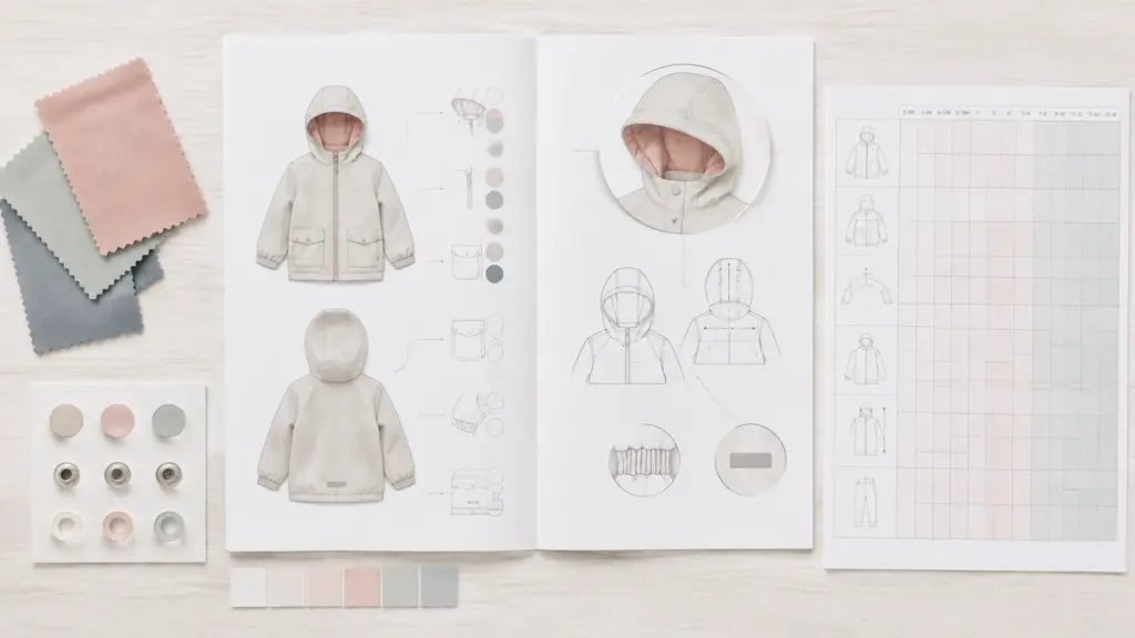 PLM for kids apparel brands: flat-lay of a toddler's hooded jacket tech pack next to fabric swatches and a size-grading chart spanning infant through kids sizes