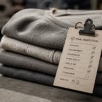 Supplier scorecard software: a clipboard-style factory inspection tag clipped to a folded stack of finished garments, macro product shot with a small checklist icon printed on the tag