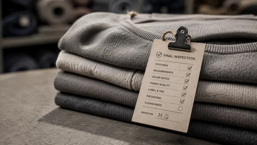 Supplier scorecard software: a clipboard-style factory inspection tag clipped to a folded stack of finished garments, macro product shot with a small checklist icon printed on the tag