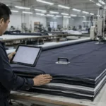 Cutting room worker reviewing a fabric marker layout plan on a tablet beside stacked plies of fabric on a cutting table
