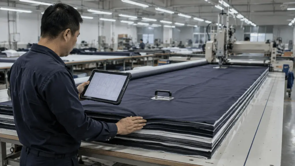 Cutting room worker reviewing a fabric marker layout plan on a tablet beside stacked plies of fabric on a cutting table
