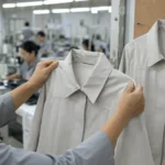 Quality inspector comparing a garment pulled from a running sewing line against an approved pre-production sample pinned to a board