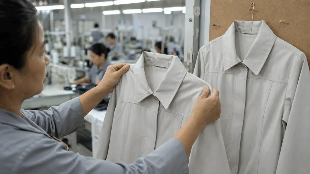 Quality inspector comparing a garment pulled from a running sewing line against an approved pre-production sample pinned to a board
