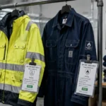 Workwear PLM software: high-visibility safety jacket and flame-resistant coverall hung side by side with certification test tags on a factory rack