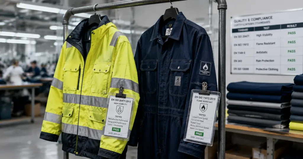 Workwear PLM software: high-visibility safety jacket and flame-resistant coverall hung side by side with certification test tags on a factory rack