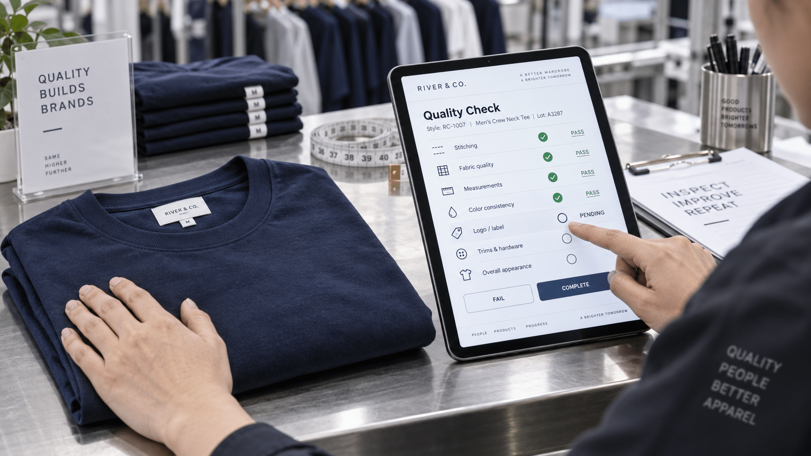 Quality control management software: an inspector's tablet showing a digital pass/fail checklist
