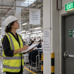 Factory audit for apparel brands: an auditor with a clipboard checking fire exits