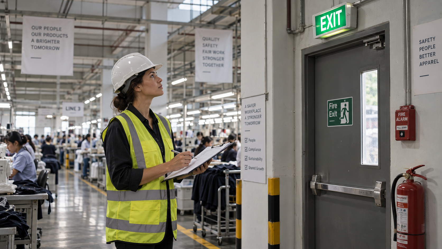 Factory audit for apparel brands: an auditor with a clipboard checking fire exits