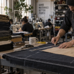 Minimum order quantity fabric rolls stacked next to a cutting table in a small apparel factory