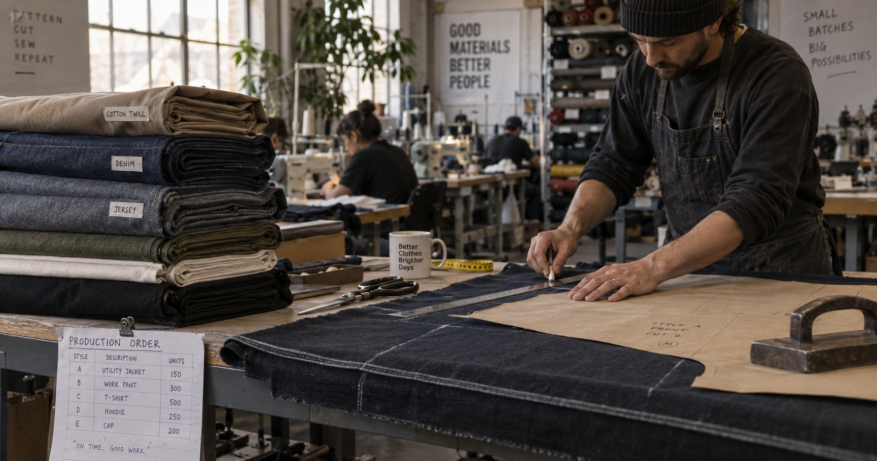 Minimum order quantity fabric rolls stacked next to a cutting table in a small apparel factory