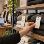 Minimum advertised price tags on folded apparel on a retail shelf