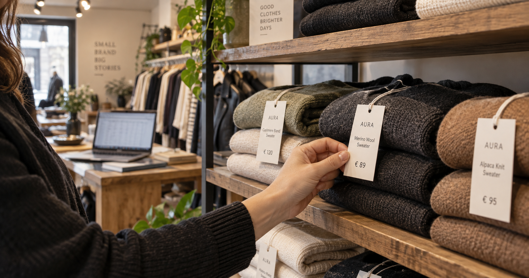 Minimum advertised price tags on folded apparel on a retail shelf