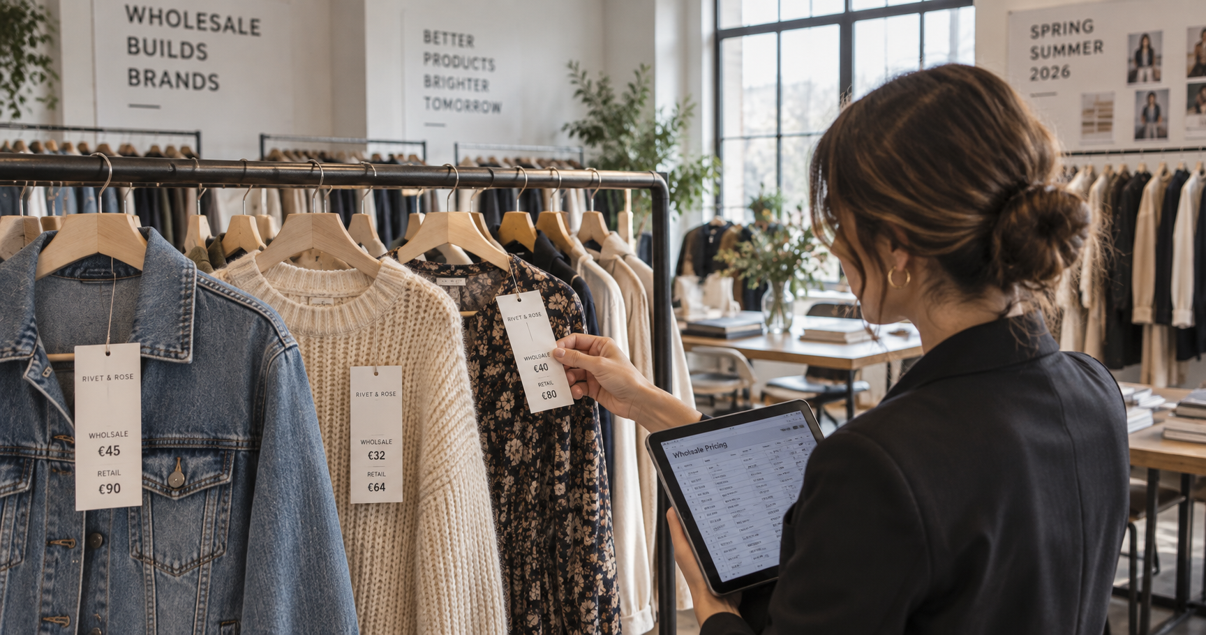 Keystone pricing price tags on a rack of apparel showing wholesale to retail markup