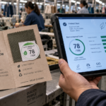 Higg Index sustainability scoring for fashion brands: a factory compliance officer reviewing a facility environmental assessment on a tablet, with a garment production line in the background