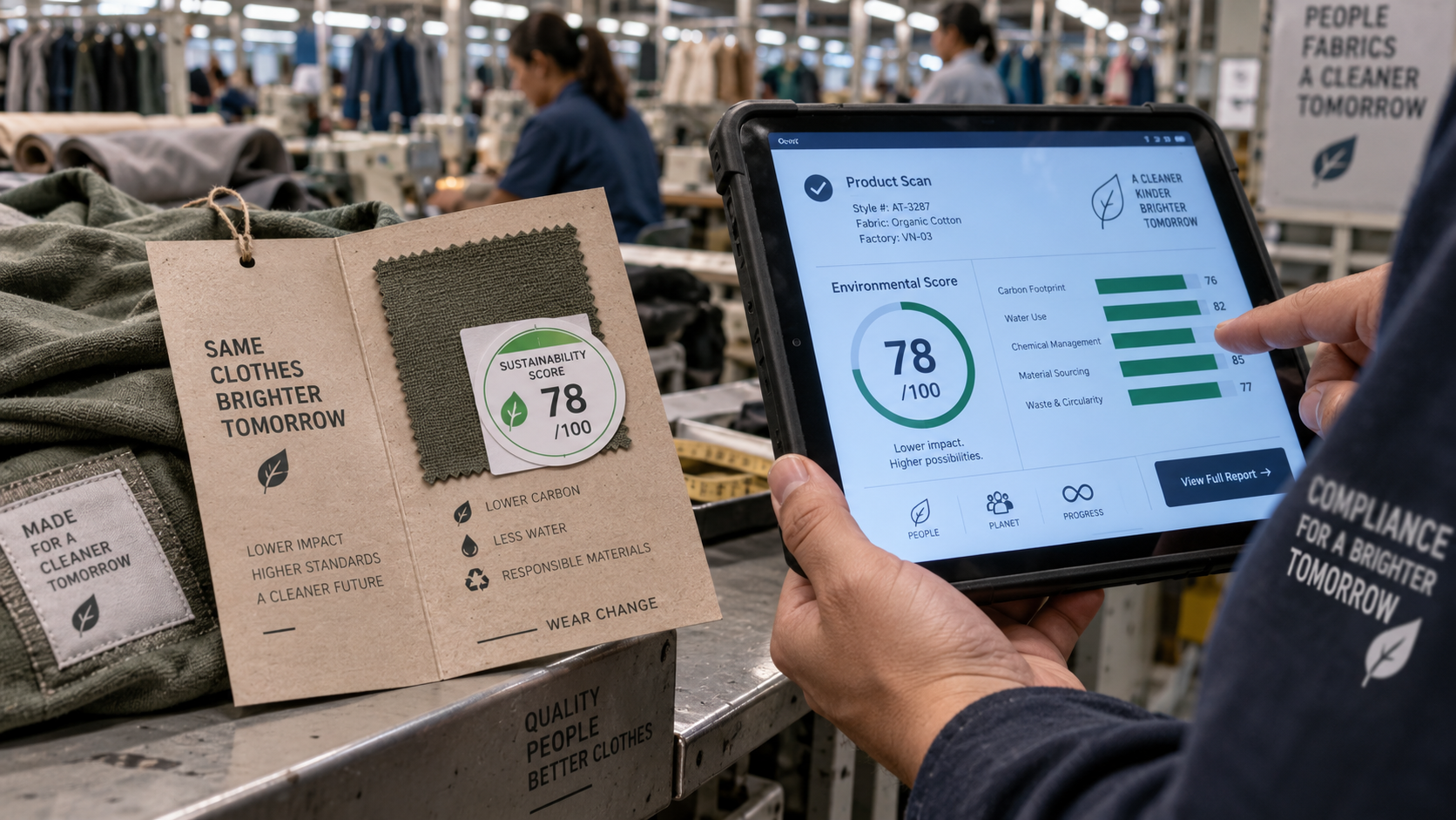 Higg Index sustainability scoring for fashion brands: a factory compliance officer reviewing a facility environmental assessment on a tablet, with a garment production line in the background