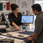 Nearshoring Mexico apparel manufacturing: a sourcing manager comparing fabric rolls and a shipping map on a tablet, with a garment factory floor in the background