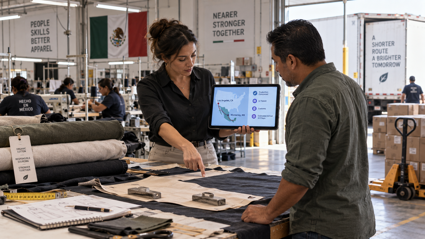 Nearshoring Mexico apparel manufacturing: a sourcing manager comparing fabric rolls and a shipping map on a tablet, with a garment factory floor in the background