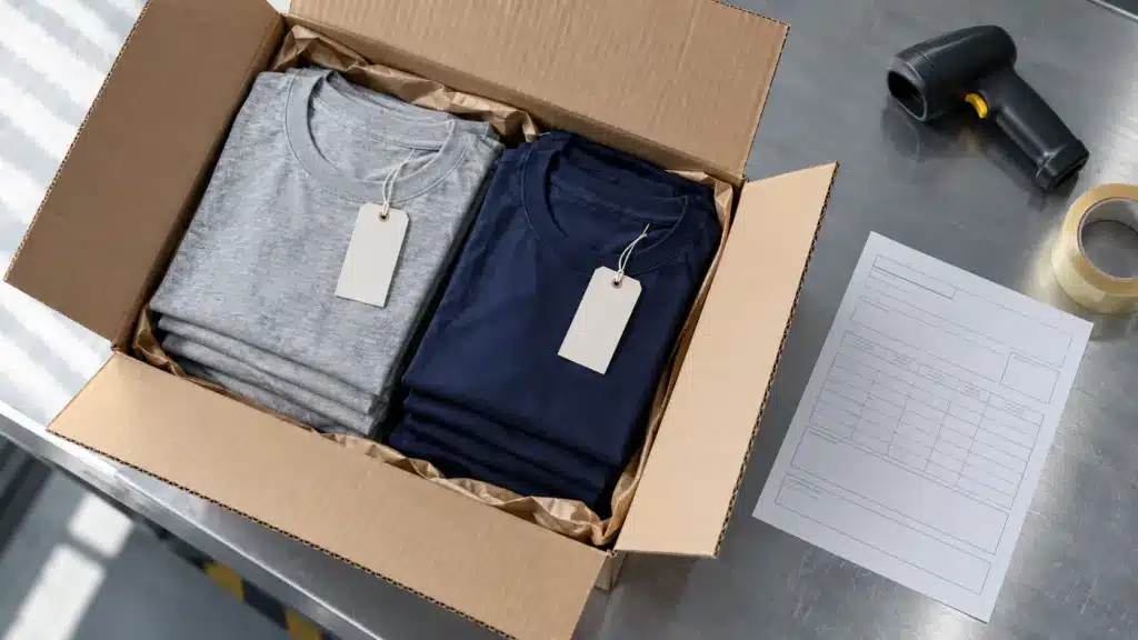 De minimis tariff impact on apparel: a customs-declared parcel of folded cotton T-shirts on a fulfillment table
