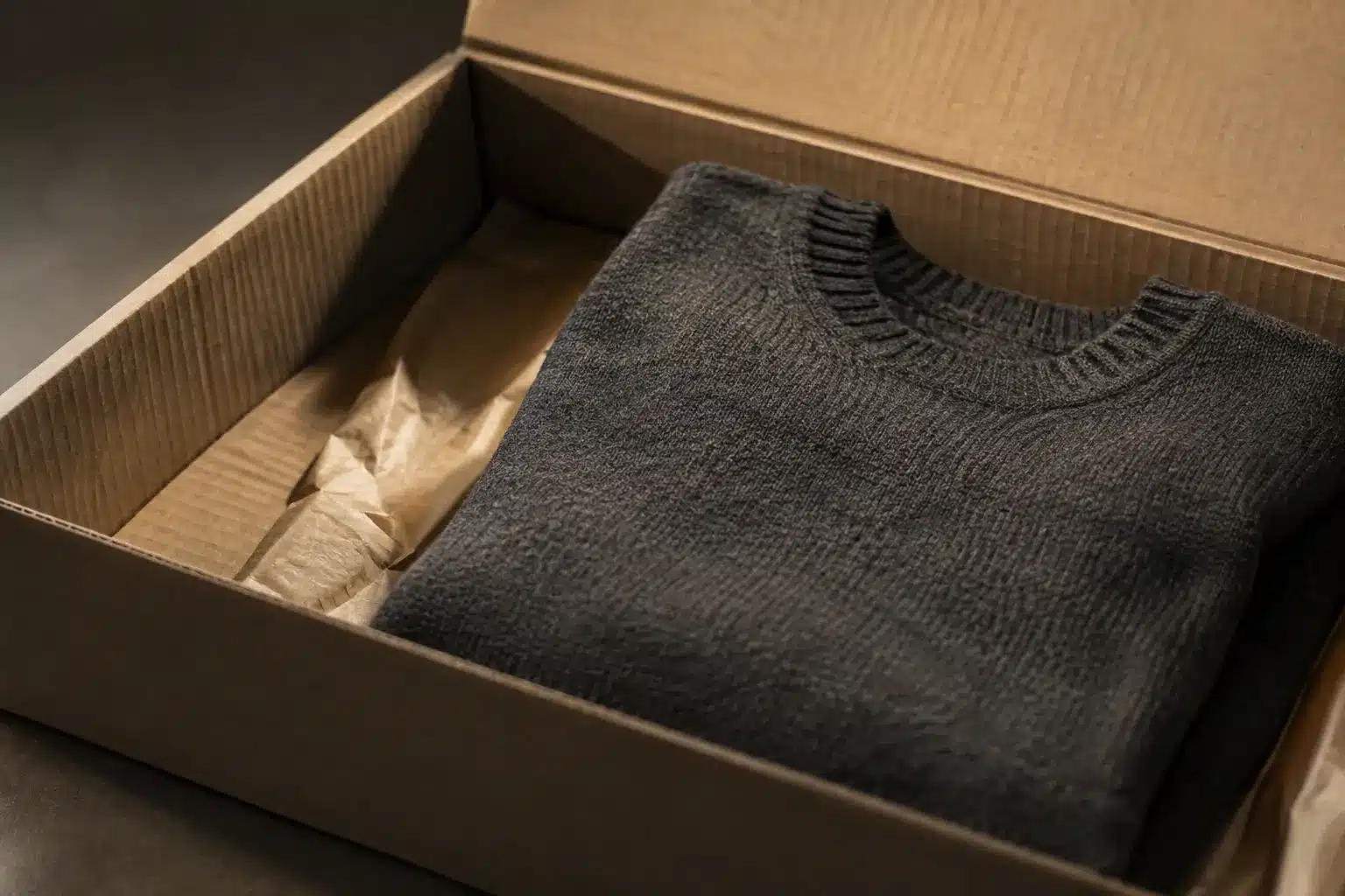 EU packaging and packaging waste regulation compliance: a folded knit sweater packed into a partly empty cardboard shipping box lined with recycled tissue paper