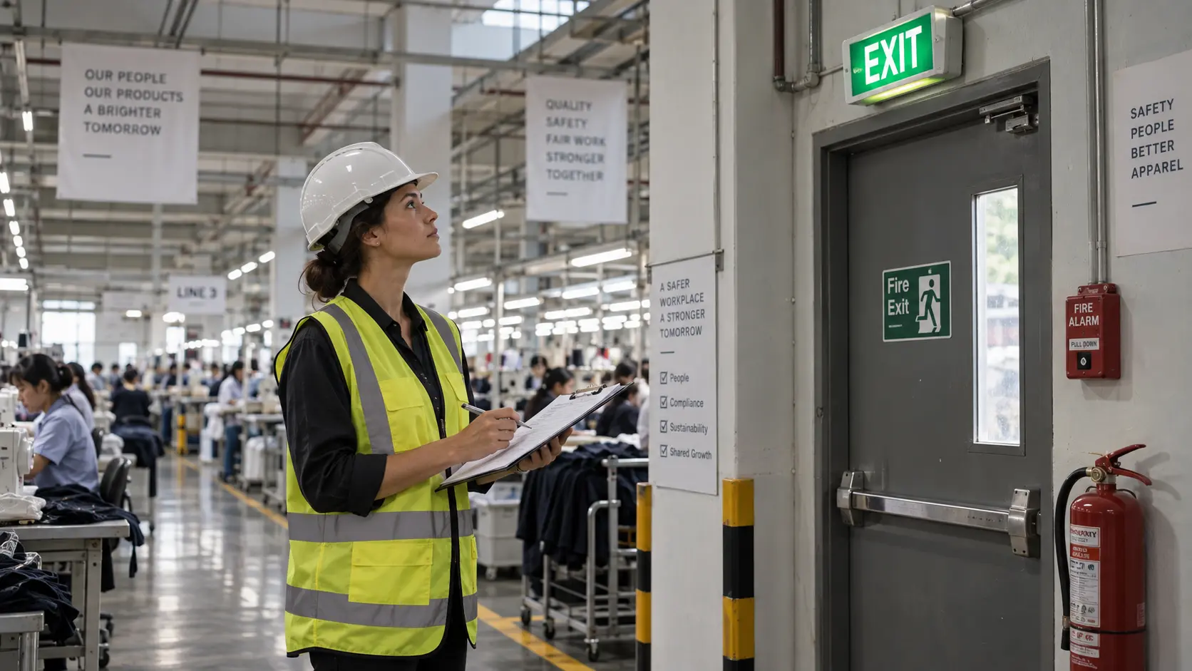 Factory audit for apparel brands: an auditor with a clipboard checking fire exits
