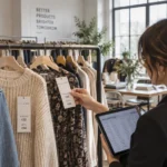 Keystone pricing price tags on a rack of apparel showing wholesale to retail markup