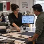 Nearshoring Mexico apparel manufacturing: a sourcing manager comparing fabric rolls and a shipping map on a tablet, with a garment factory floor in the background