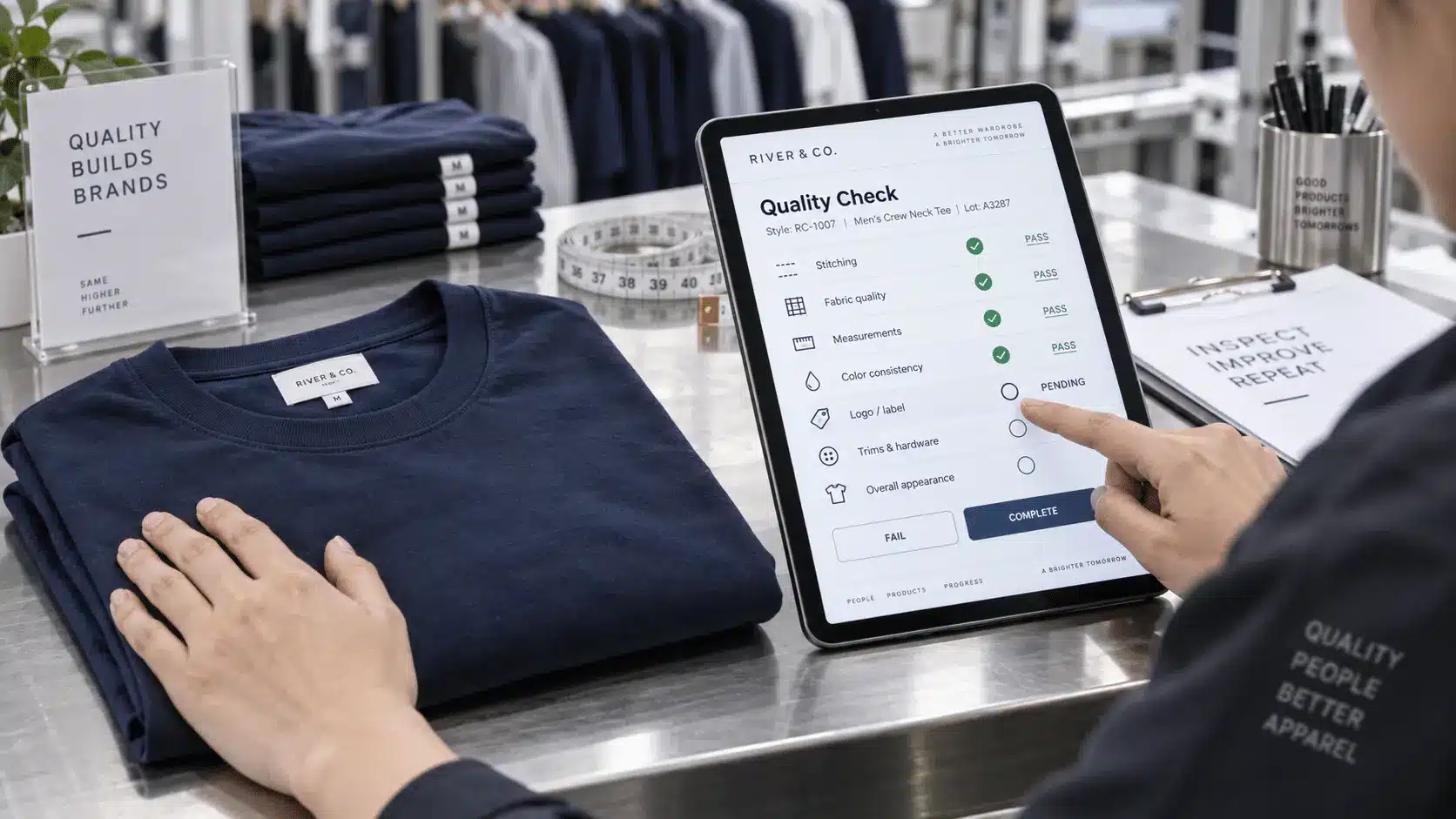 Quality control management software: an inspector's tablet showing a digital pass/fail checklist