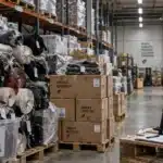 Textile waste in fashion production: rolls of leftover fabric and unsold garment inventory stacked in a warehouse, next to a tablet showing production quantity data